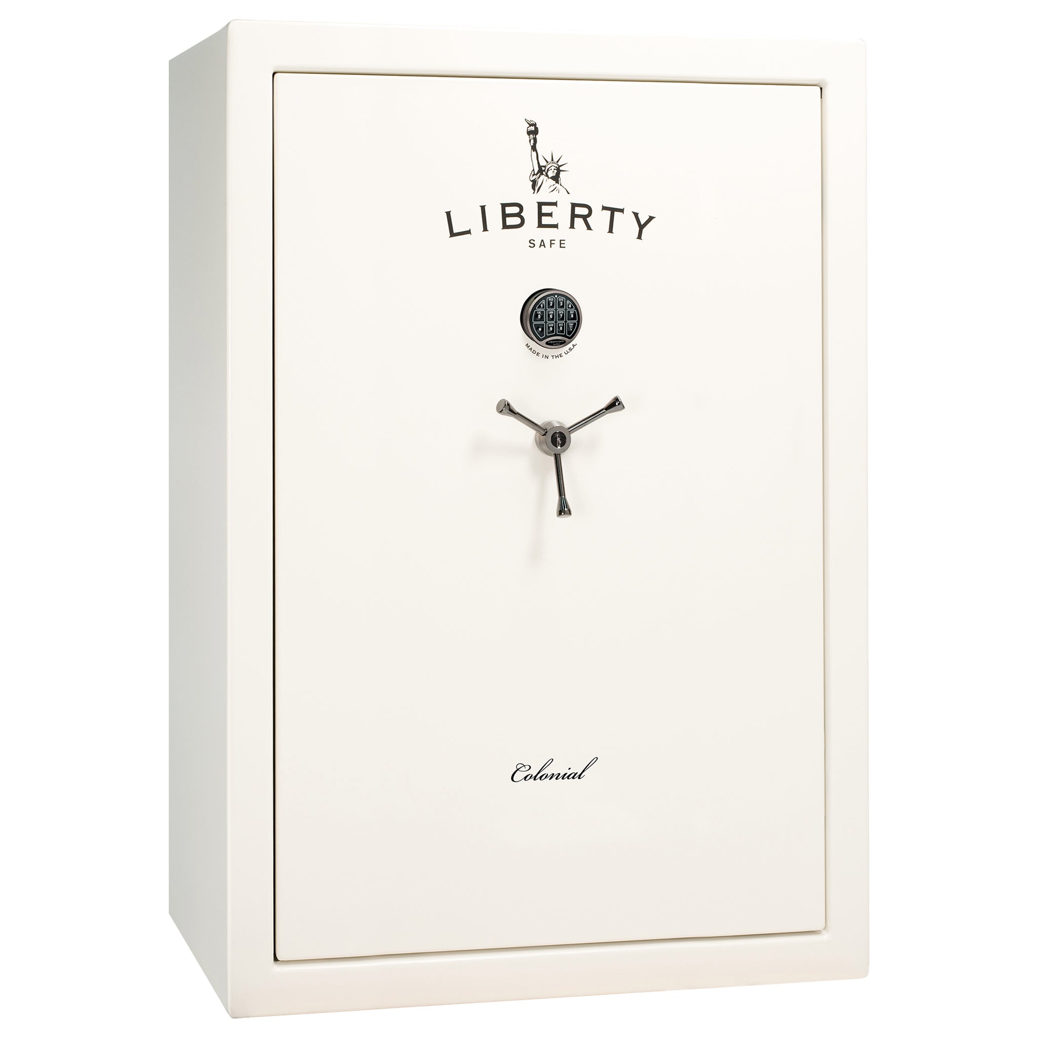 Colonial 35 | Pro Flex Interior | Level 4 Security | 75 Minute Fire Protection | Dimensions: 60.5"(H) x 42"(W) x 22"(D) | Up to 45 Long Guns | White Gloss Black Chrome | Electronic Lock - Closed
