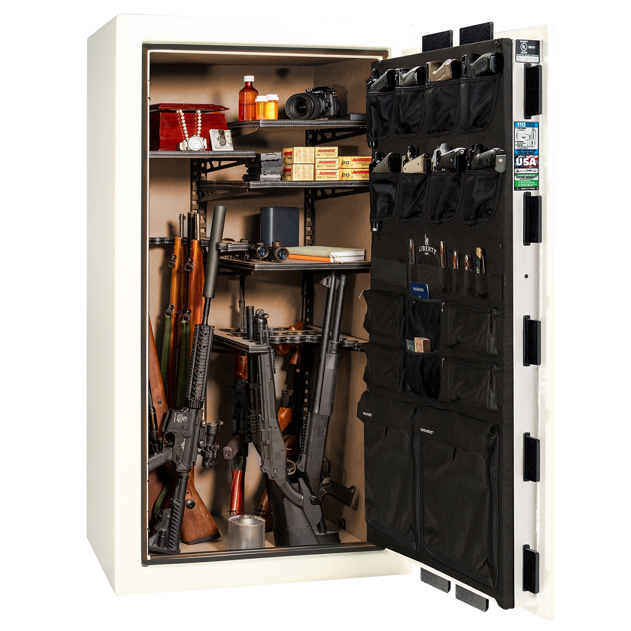 Franklin Series | Level 5 Security | 110 Minute Fire Protection | 40 | DIMENSIONS: 66.5"(H) X 36"(W) X 27.5"(D*) | White Gloss Brass | ProFlex Modular Shelving - Open Door