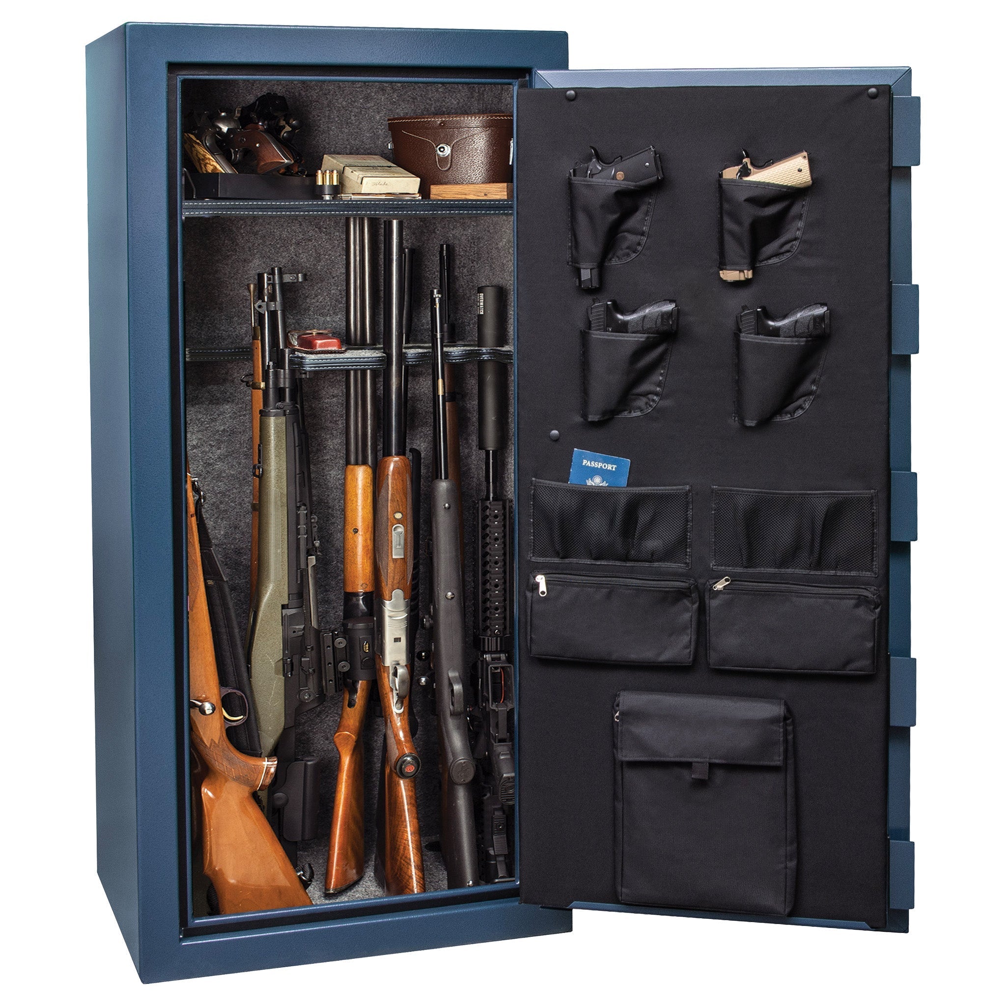 Centurion 24 DLX | 1776 Logo | Level 1 Security | 40 Minute Fire Protection | Dimensions: 59.5"(H) x 28.25"(W) x 20"(D) | Up to 24 Long Guns | Textured Blue | Chrome Electronic Lock - Open