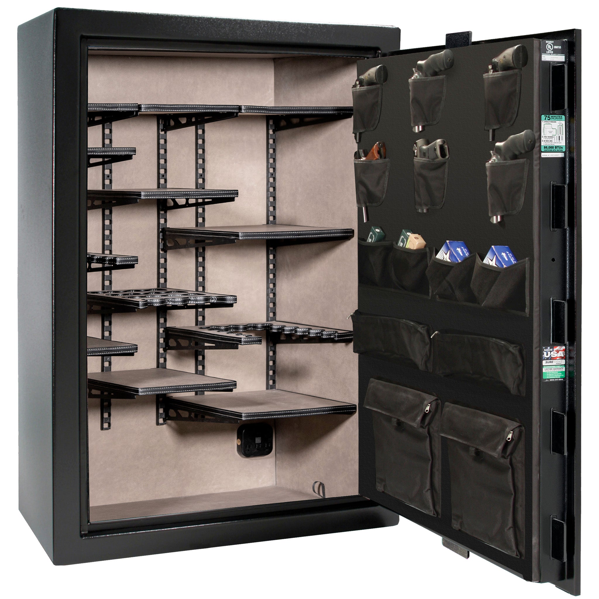 Colonial 35 | Pro Flex Interior | Level 4 Security | 75 Minute Fire Protection | Dimensions: 60.5"(H) x 42"(W) x 22"(D) | Up to 45 Long Guns | Black Gloss | Electronic Lock - Open