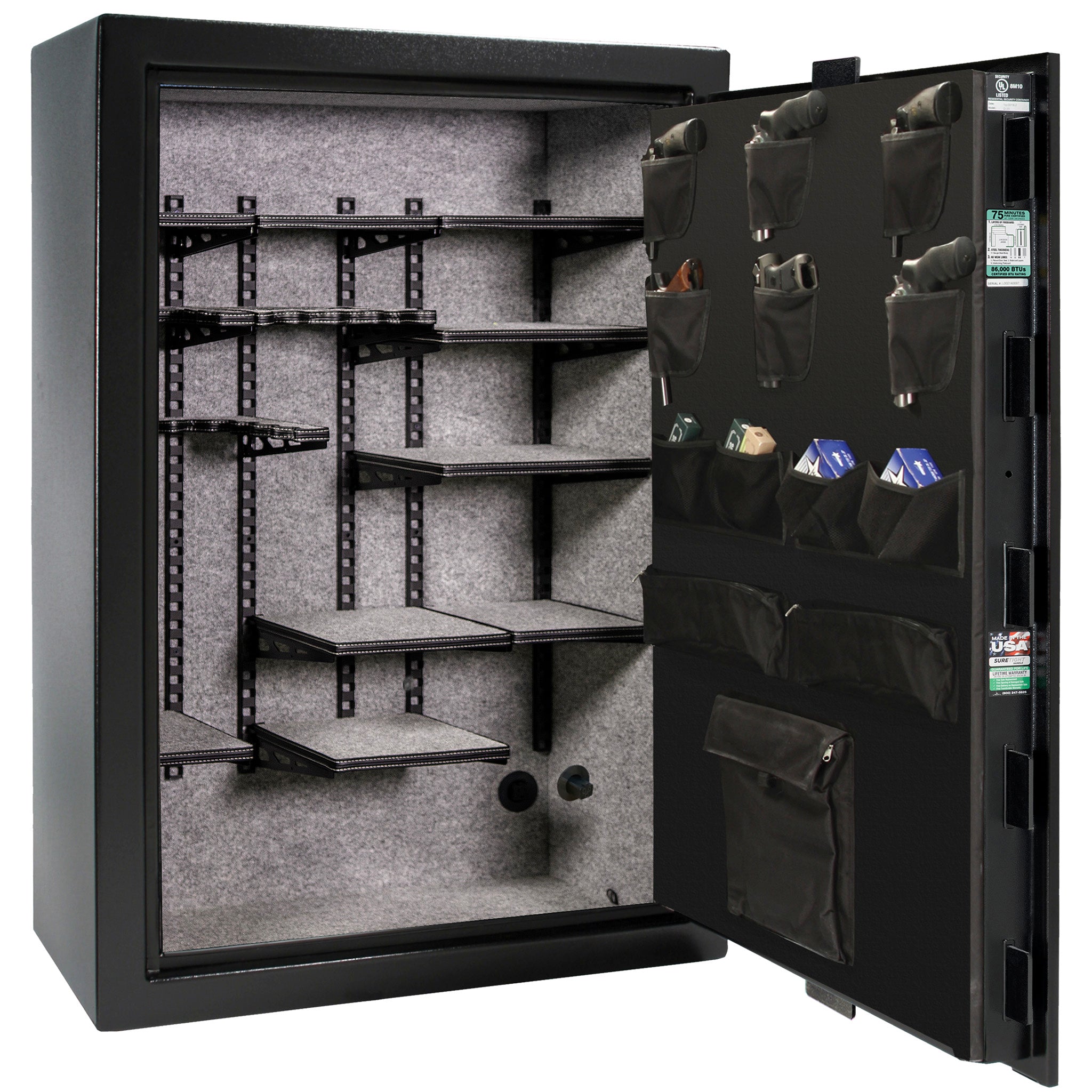 Colonial 35 | Pro Flex Interior | Level 4 Security | 75 Minute Fire Protection | Dimensions: 60.5"(H) x 42"(W) x 22"(D) | Up to 45 Long Guns | Black Textured | Mechanical Lock – Open