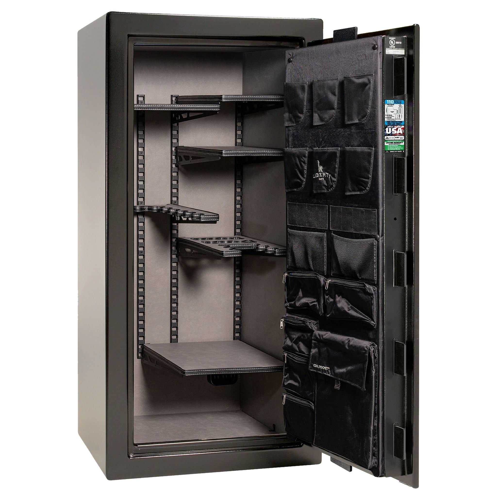 Franklin Series | Level 5 Security | 110 Minute Fire Protection | 29 | DIMENSIONS: 60.5"(H) X 30"(W) X 27.5"(D*) | Textured Black | ProFlex Modular Shelving – Open Door Empty