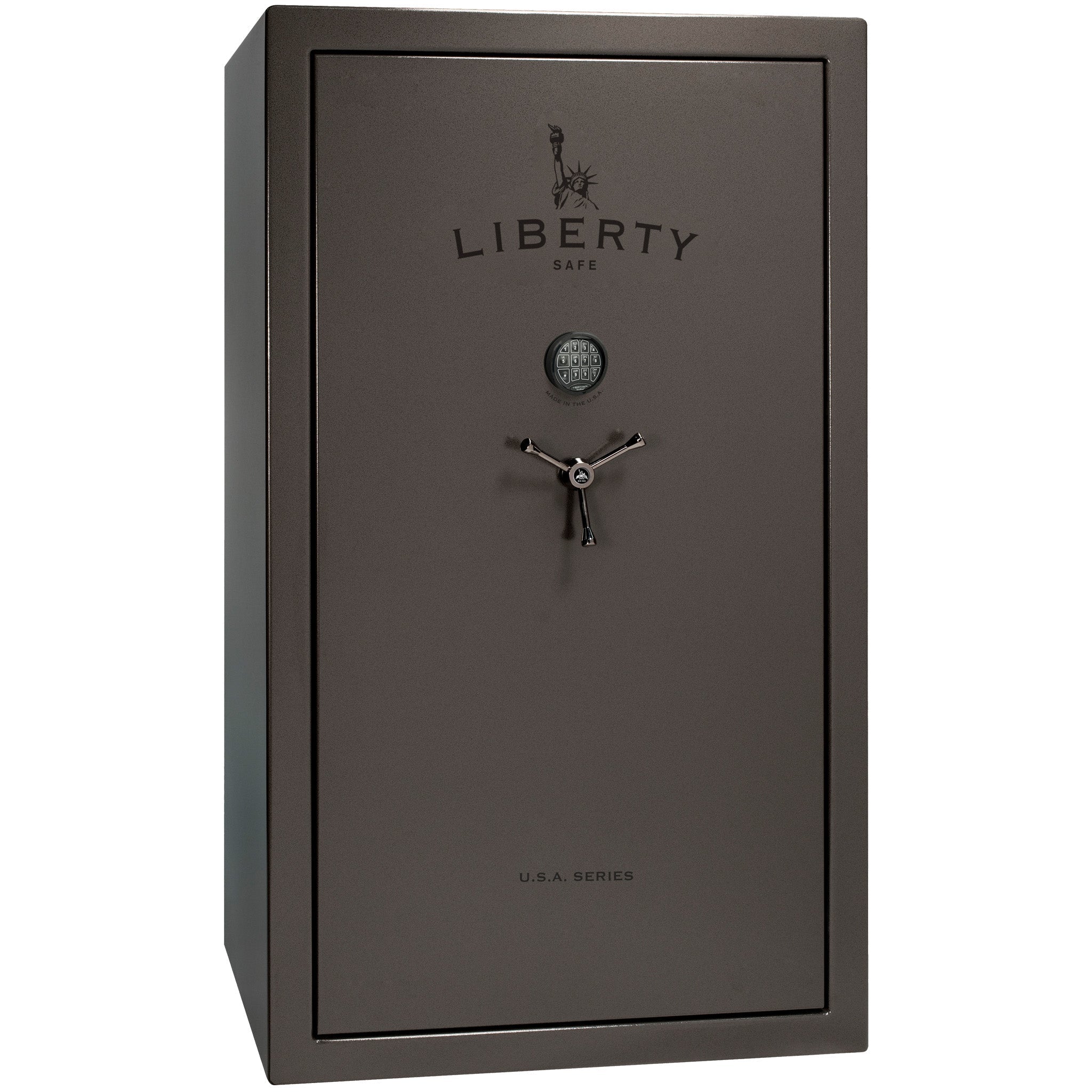 USA 50 | Level 3 Security | 60 Minute Fire Protection | Dimensions: 72.5"(H) x 42"(W) x 27.5"(D) | Up to 50 Long Guns | Gray Marble | Black Chrome Electronic Lock – Closed