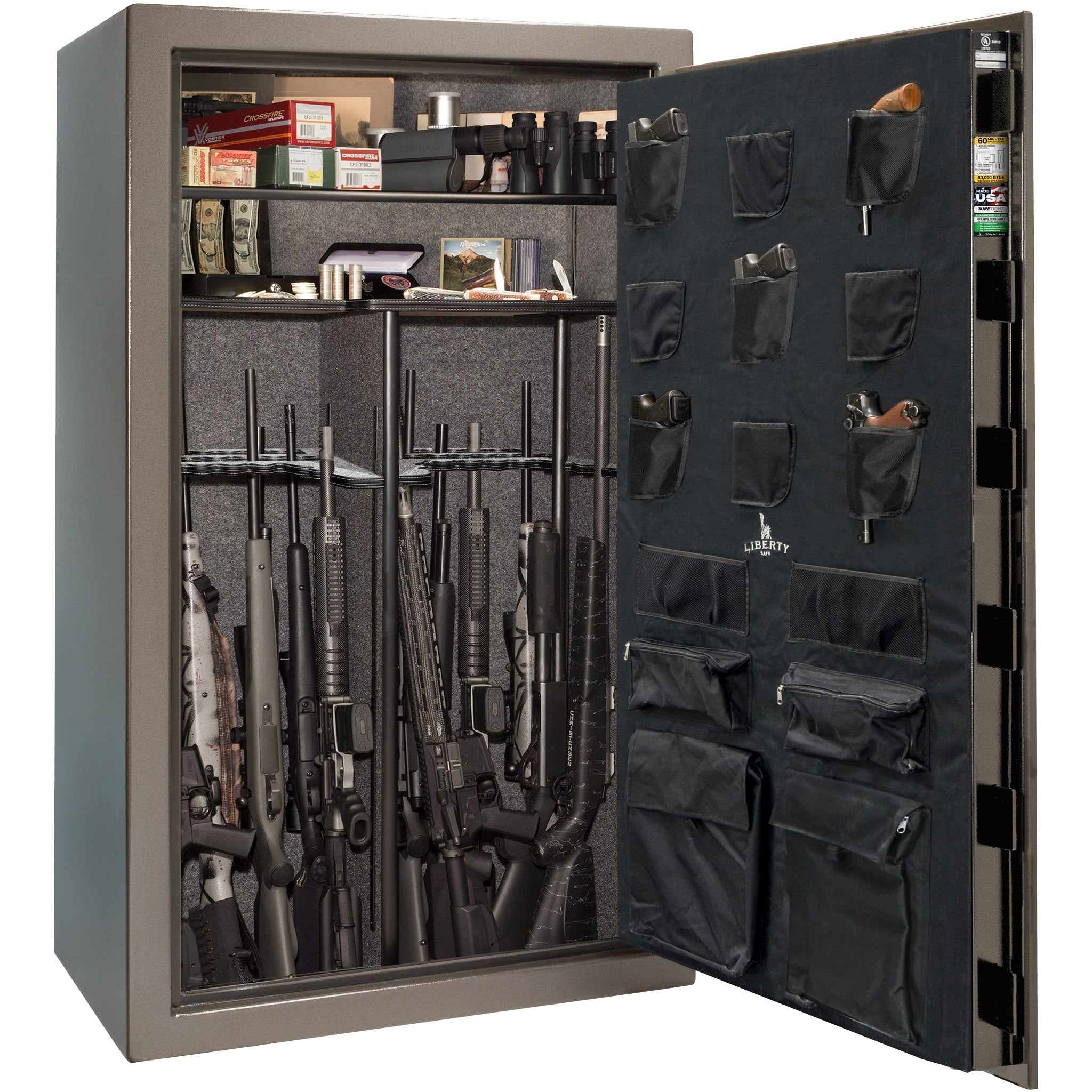 USA 50 | Level 3 Security | 60 Minute Fire Protection | Dimensions: 72.5"(H) x 42"(W) x 27.5"(D) | Up to 50 Long Guns | Gray Marble | Black Chrome Electronic Lock – Open