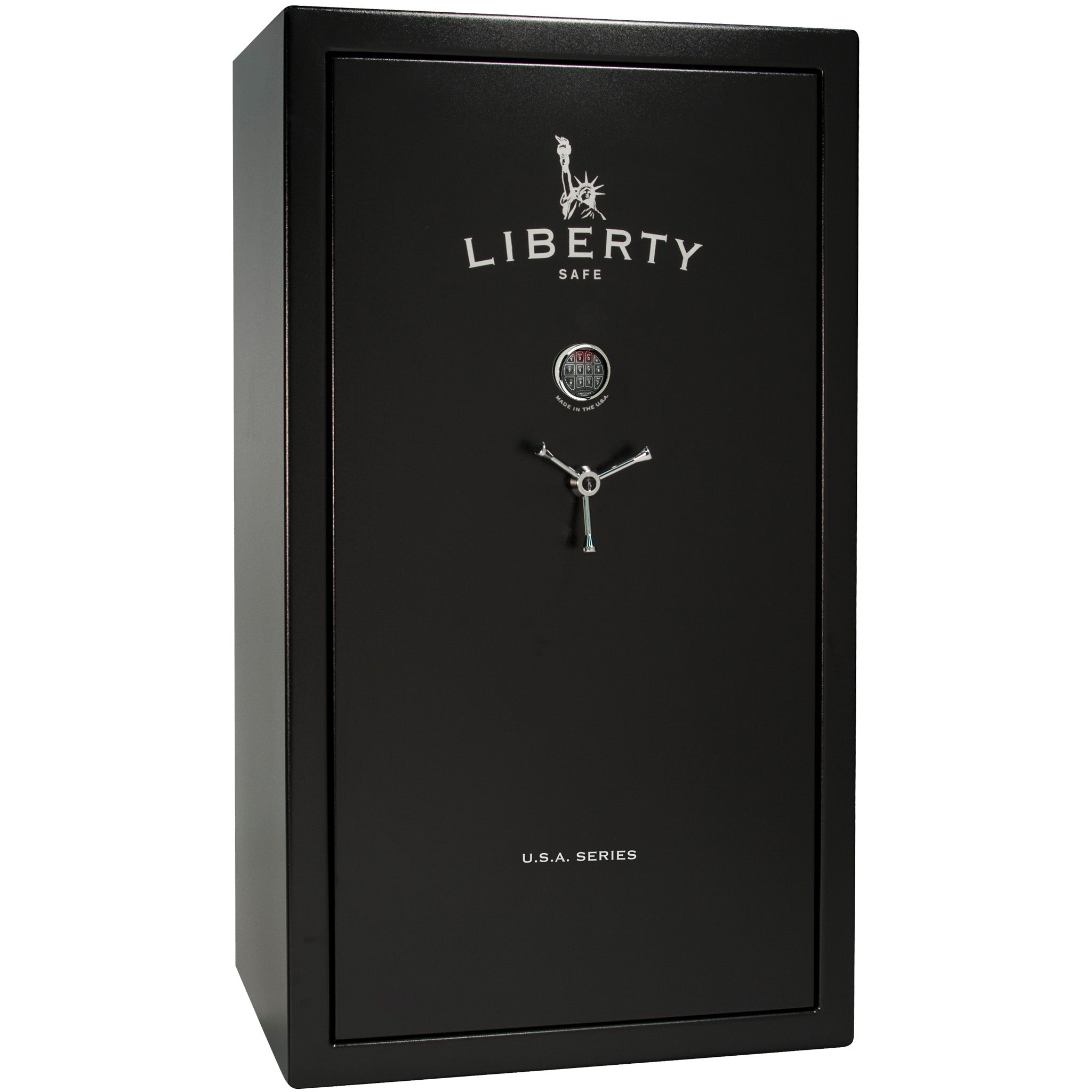 USA 50 | Level 3 Security | 60 Minute Fire Protection | Dimensions: 72.5"(H) x 42"(W) x 27.5"(D) | Up to 50 Long Guns | Textured Black | Chrome Electronic Lock – Closed