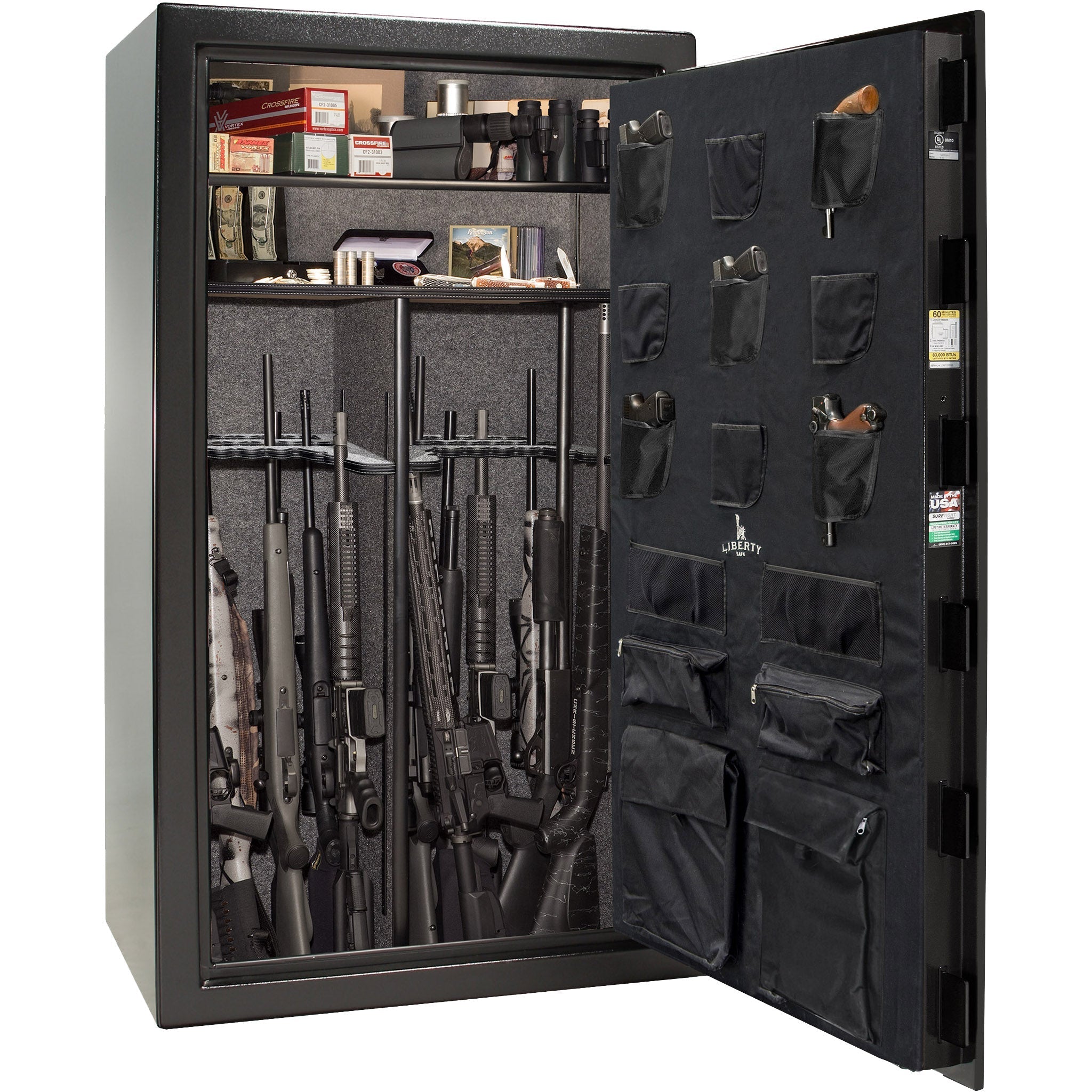 USA 50 | Level 3 Security | 60 Minute Fire Protection | Dimensions: 72.5"(H) x 42"(W) x 27.5"(D) | Up to 50 Long Guns | Textured Black | Chrome Electronic Lock – Open