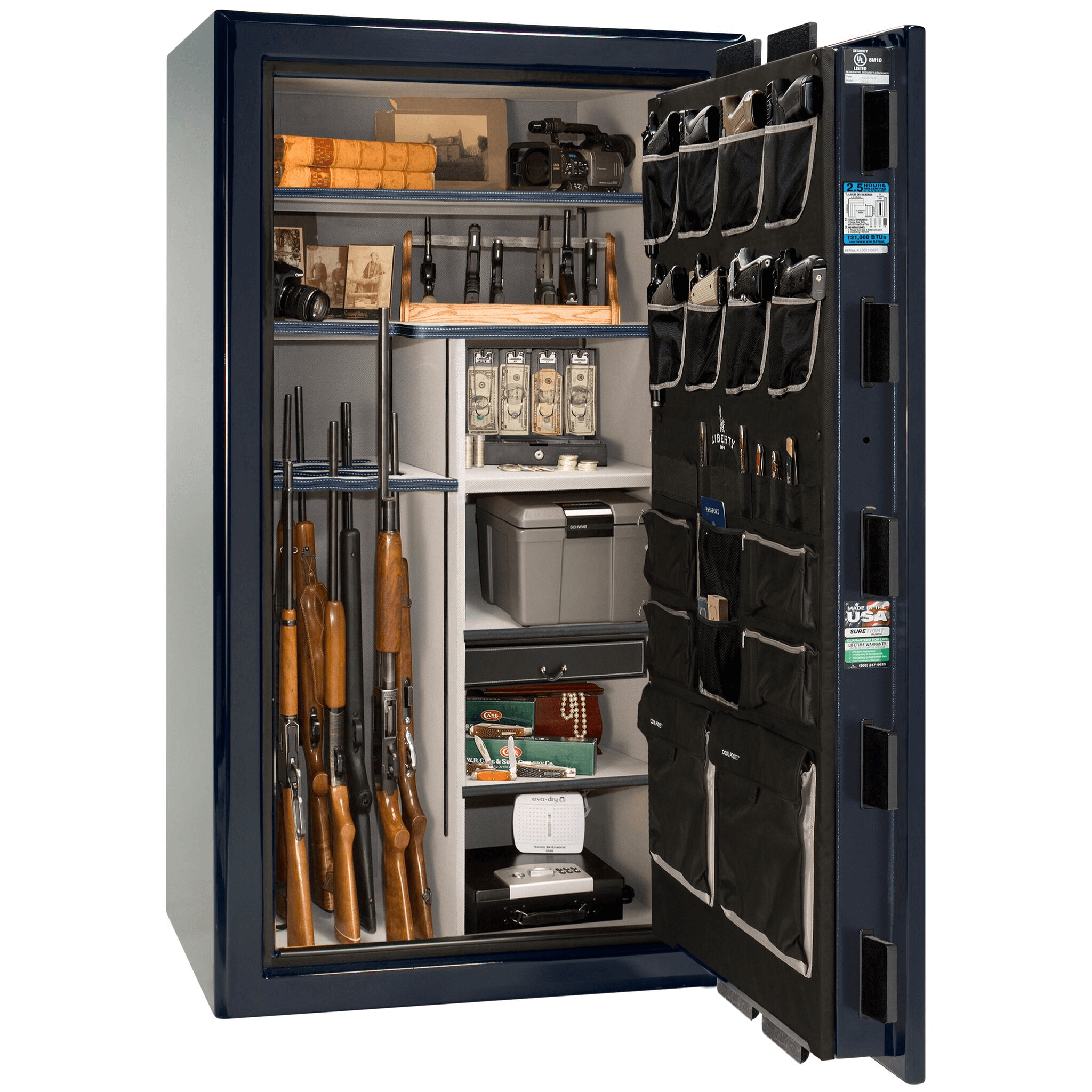 Presidential Series | Level 8 Security | 2.5 Hours Fire Protection | 40 | Dimensions: 66.5"(H) x 36.25"(W) x 32"(D) | Blue Gloss | Chrome Hardware | Electronic Lock