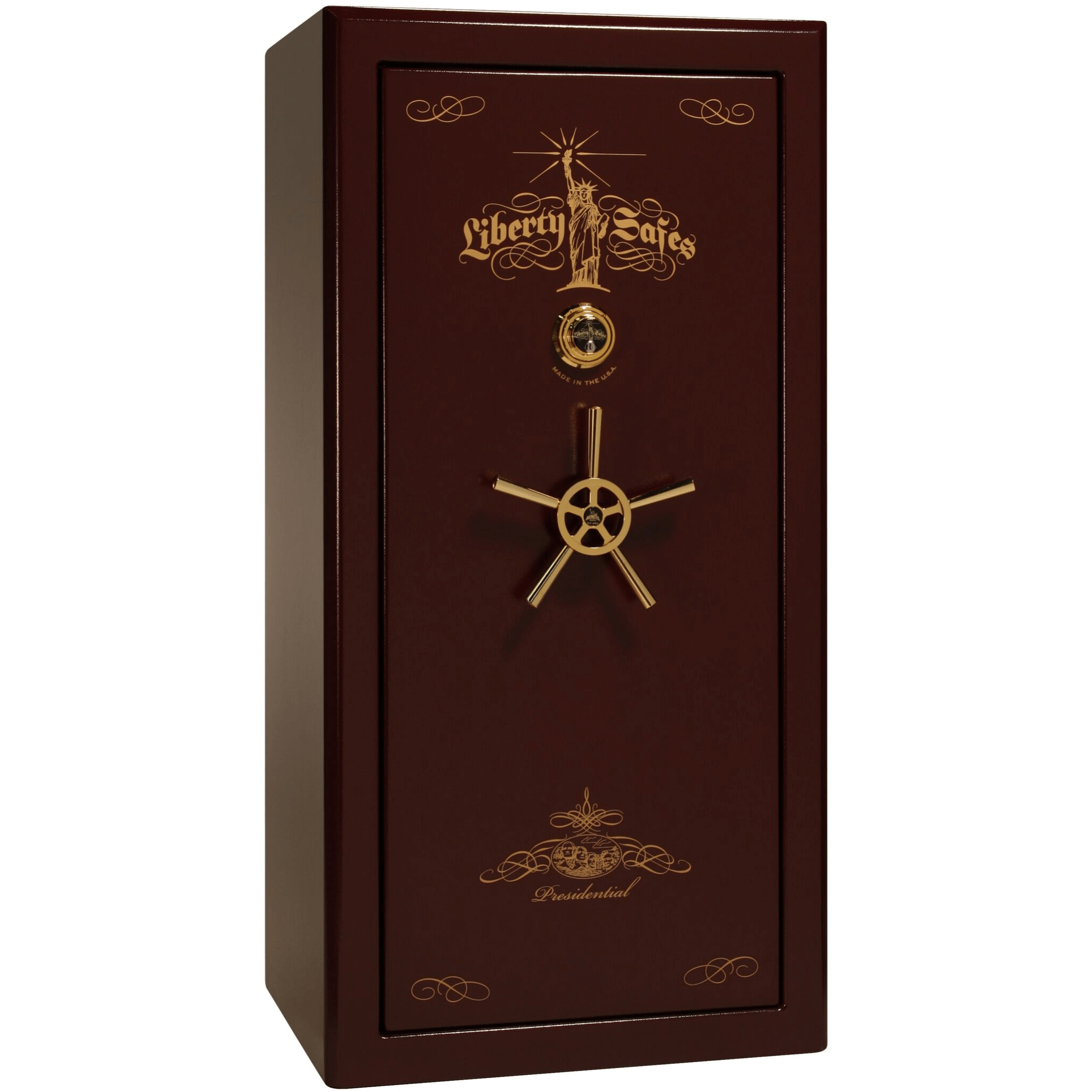 Presidential Series | Level 8 Security | 2.5 Hours Fire Protection | 25 | Dimensions: 60.5"(H) x 30.25"(W) x 28.5"(D) | Burgundy Gloss Gold Hardware | Mechanical Lock