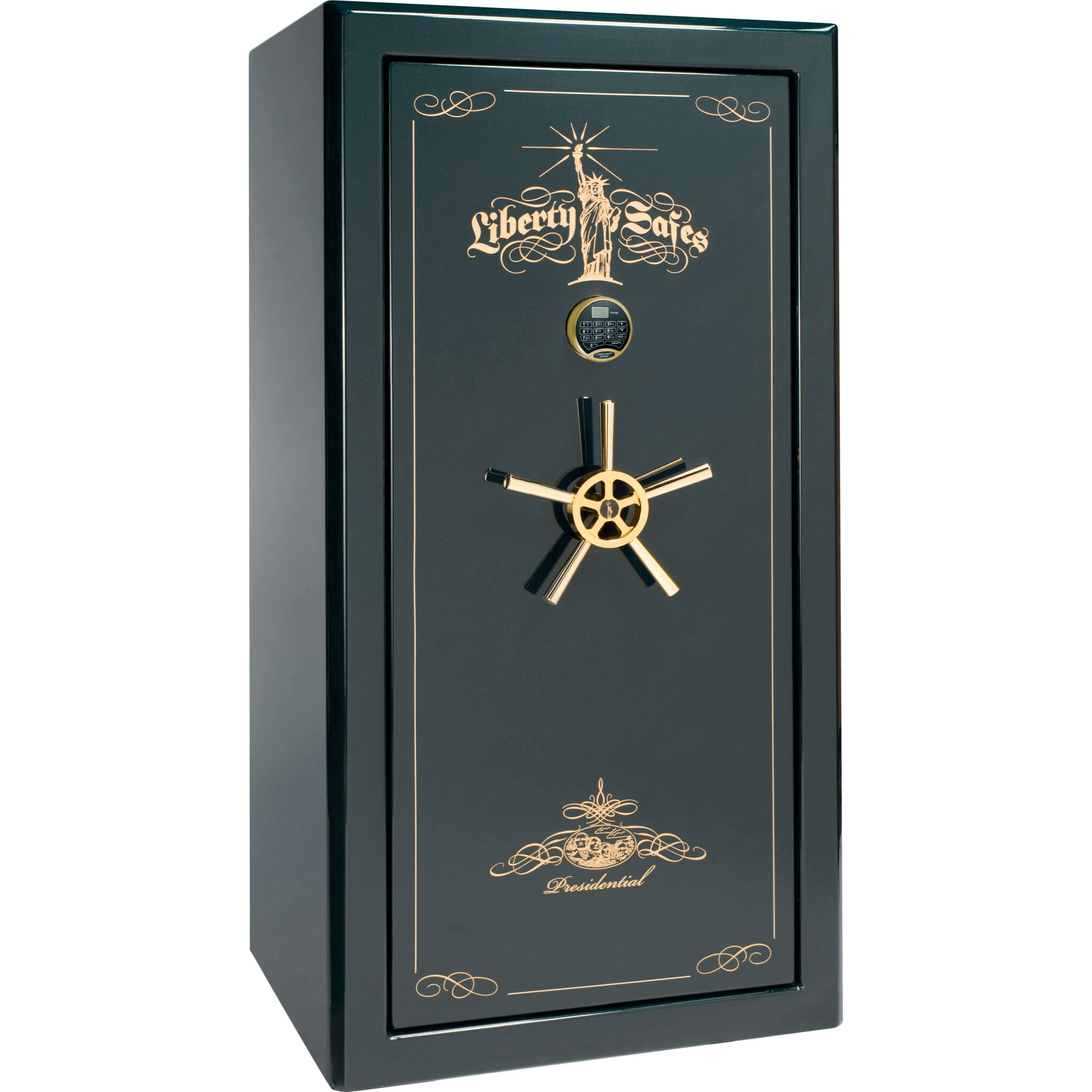 Presidential Series | Level 8 Security | 2.5 Hours Fire Protection | 25 | Dimensions: 60.5"(H) x 30.25"(W) x 28.5"(D) | Green Gloss Gold Hardware | Electronic Lock