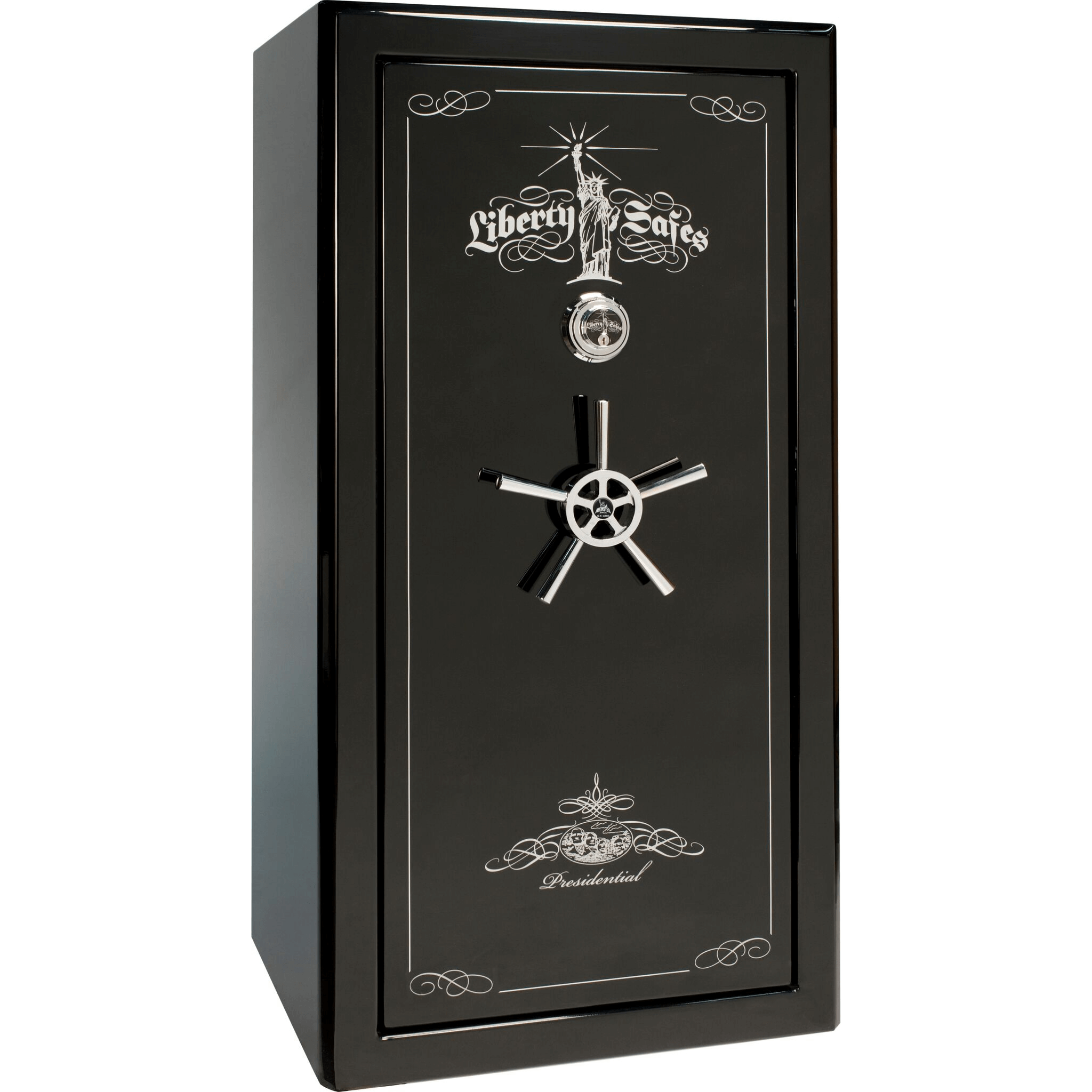 Presidential Series | Level 8 Security | 2.5 Hours Fire Protection | 25 | Dimensions: 60.5"(H) x 30.25"(W) x 28.5"(D) | Black Gloss Chrome Hardware | Mechanical Lock