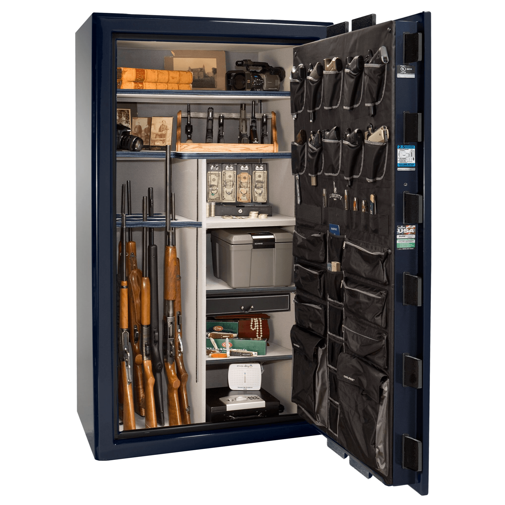 Presidential Series | Level 8 Security | 2.5 Hours Fire Protection | 50 | Dimensions: 72.5"(H) x 42.25"(W) x 32"(D) | Blue Gloss | Chrome Hardware | Mechanical Lock