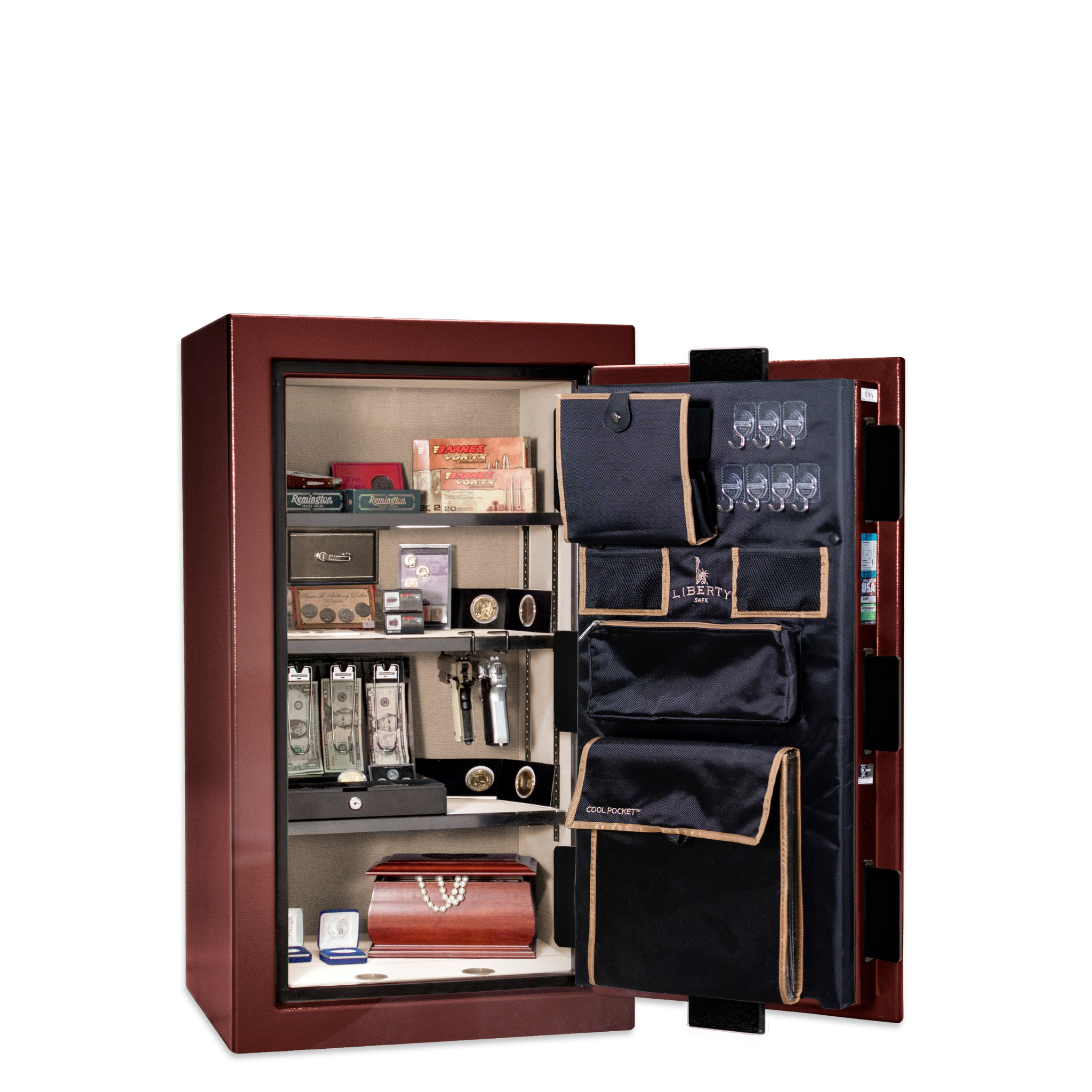 Premium Home Series | Level 7 Security | 2 Hour Fire Protection | 12 | Dimensions: 41.75"(H) x 24.5"(W) x 19"(D) | Burgundy Gloss Brass - Open Door